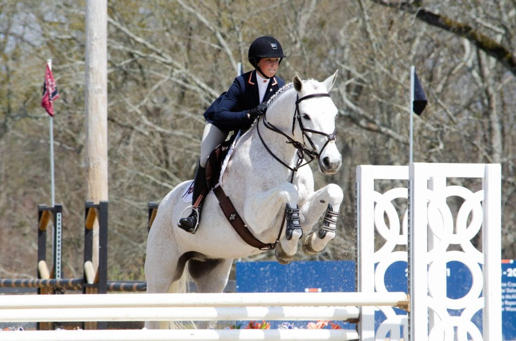 Equestrian rider on white horse jumping