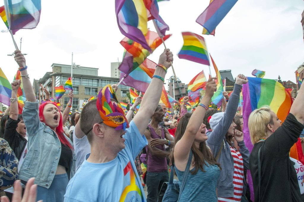 picture of a gay pride rally in Leeds, England