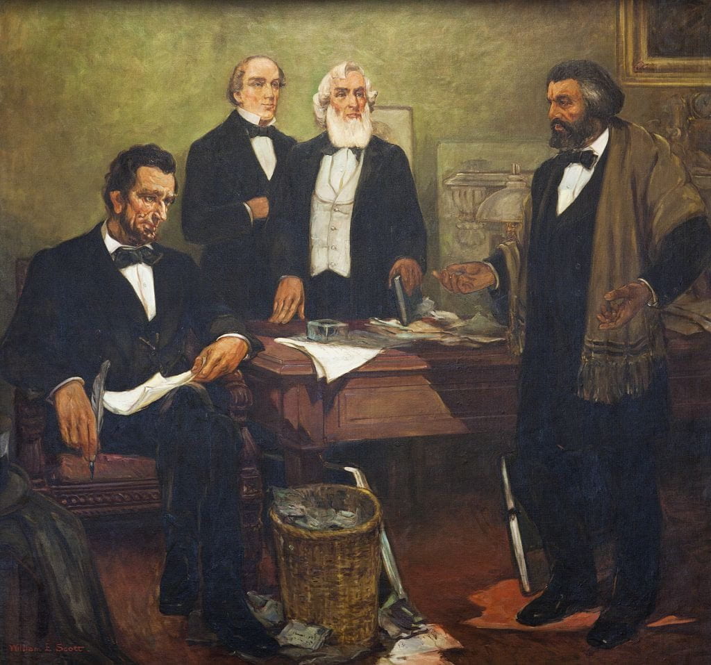 Frederick Douglass appealing to President Lincoln and his cabinet to enlist Negroes," mural by William Edouard Scott,