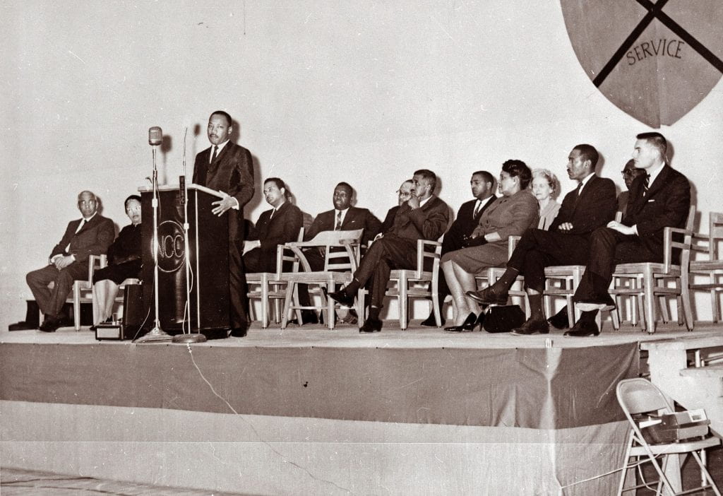 Martin Luther King, Jr., speaking at North Carolina Central University, Durham, NC, in 1966. From the General Negative Collection, State Archives of North Carolina.