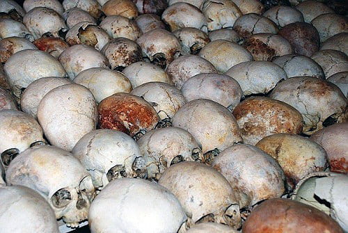 Skulls of the victims of the Rwandan Genocide lined up