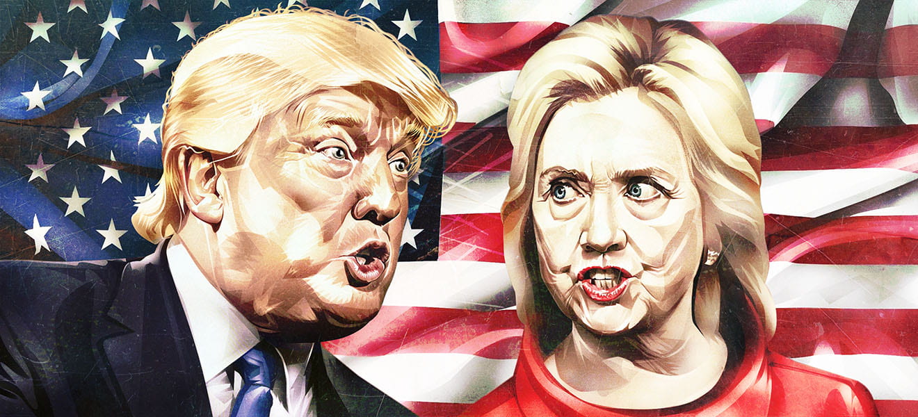 Photo of Hillary Clinton and Donald Trump in front of American flag