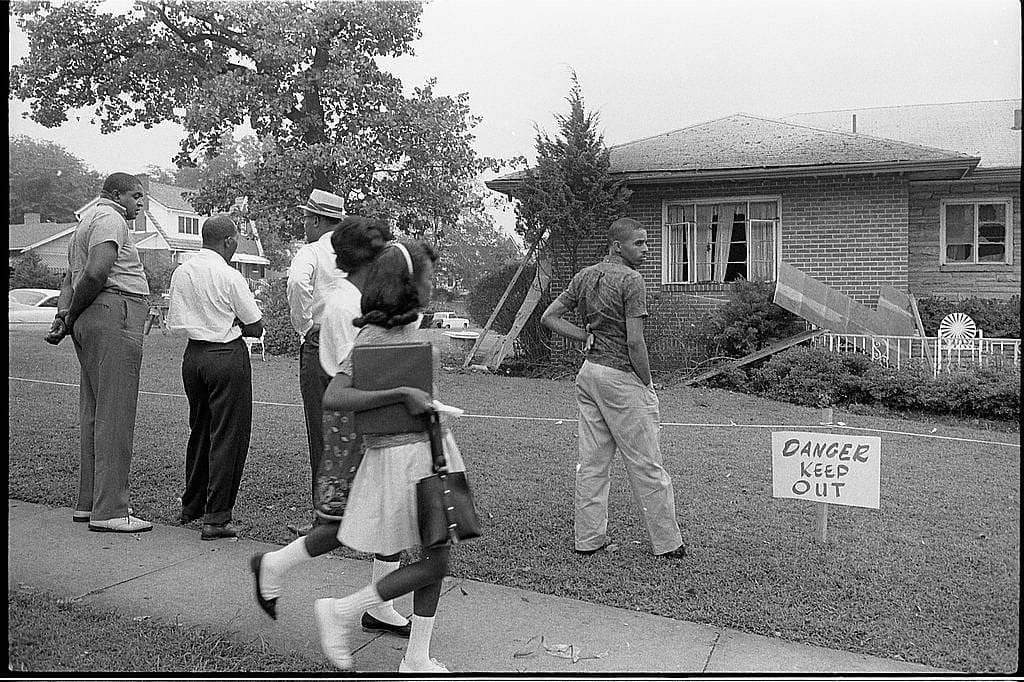 [Group of African Americans viewing the bomb-damaged home of Arthur Shores, NAACP attorney, Birmingham, Alabama] (LOC)