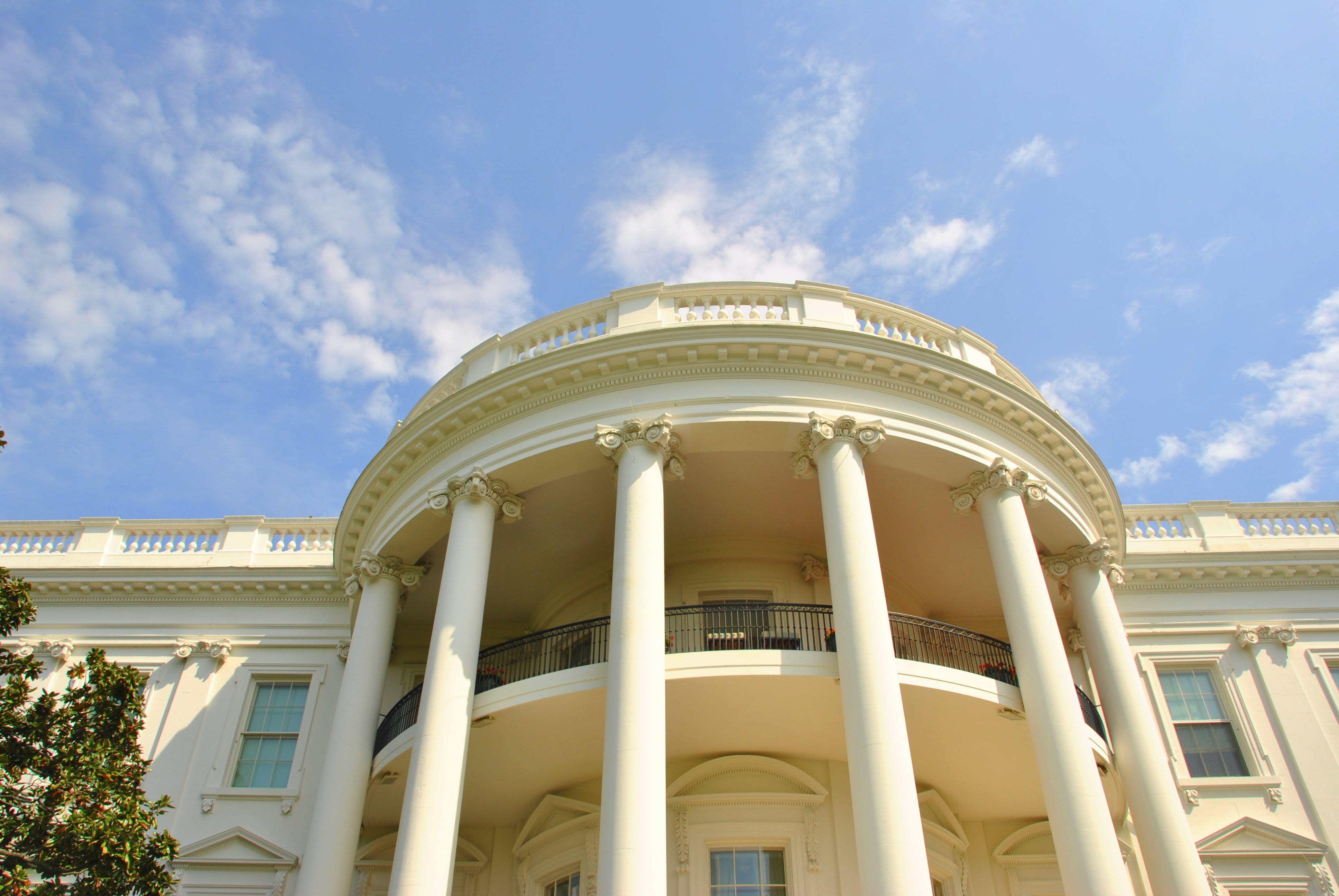 Photo of the White House from a low perspective.