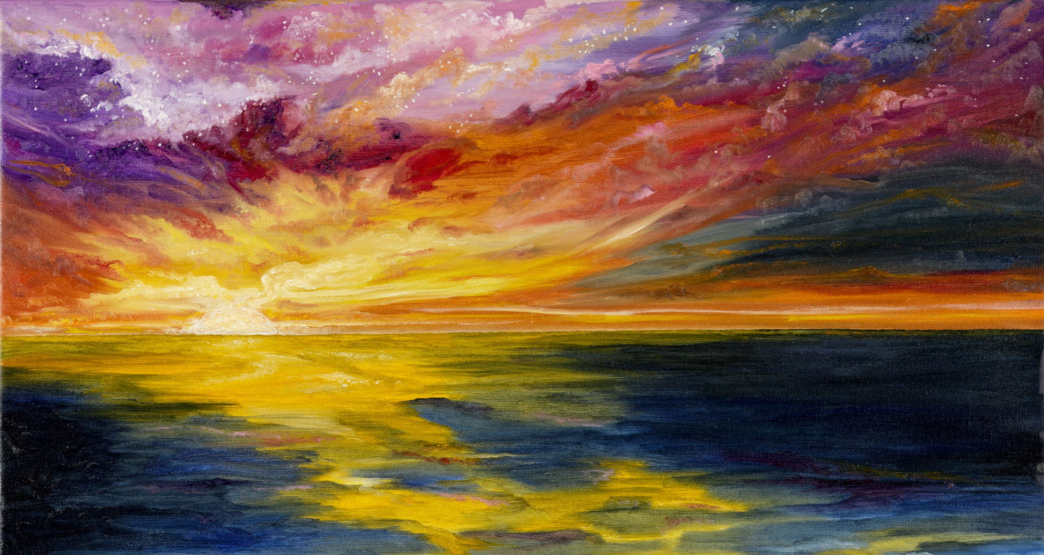 A watercolor painting of the ocean at sunset.