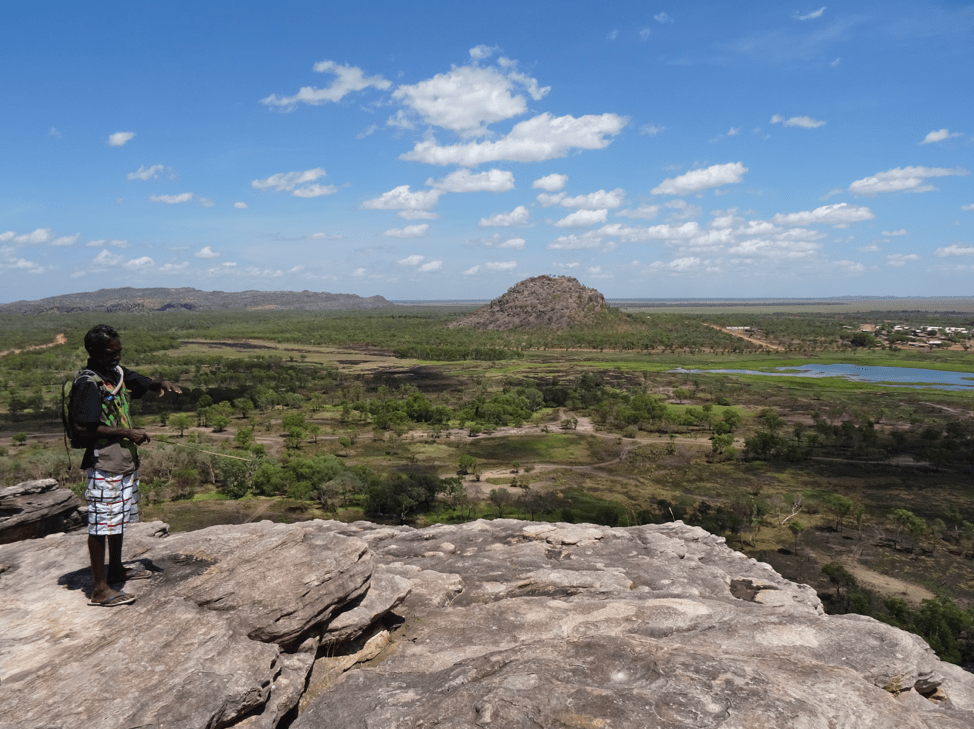 An Aboriginal Australian standing on a mountain in the Australian outback