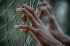 A pair of young hands gripping a prison fence
