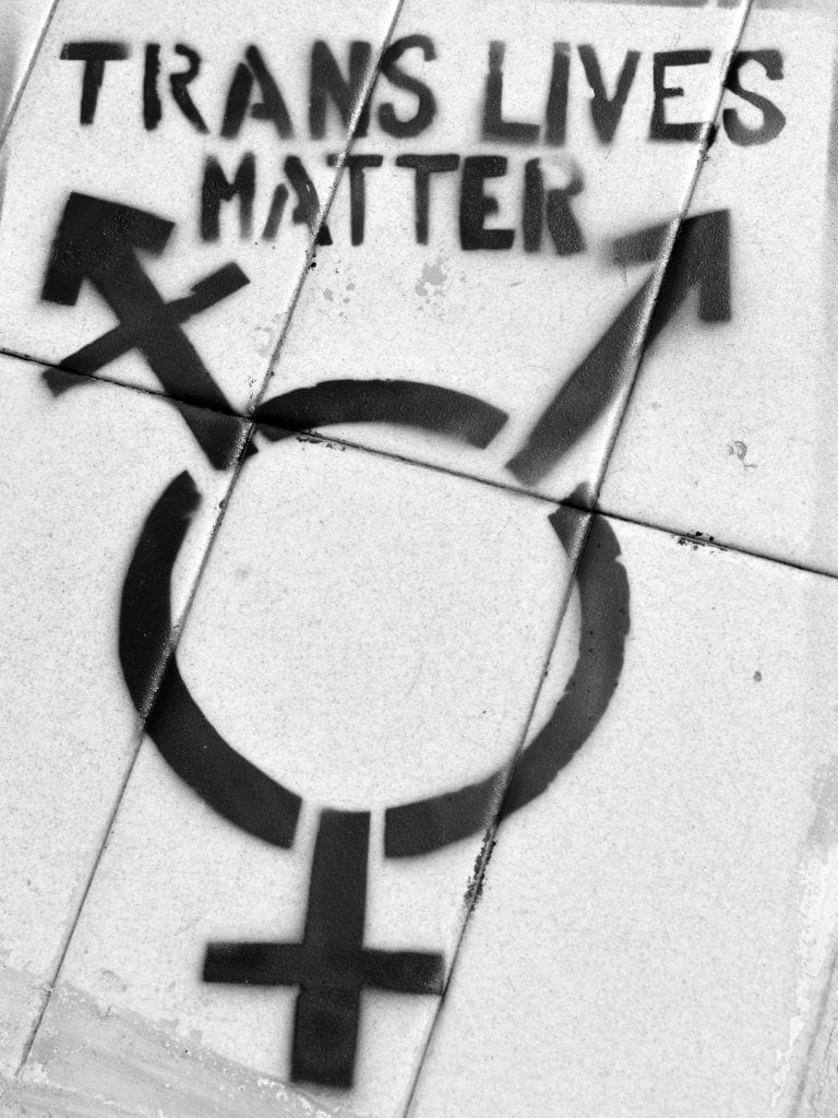 a spray painted sign of Trans Lives Matter