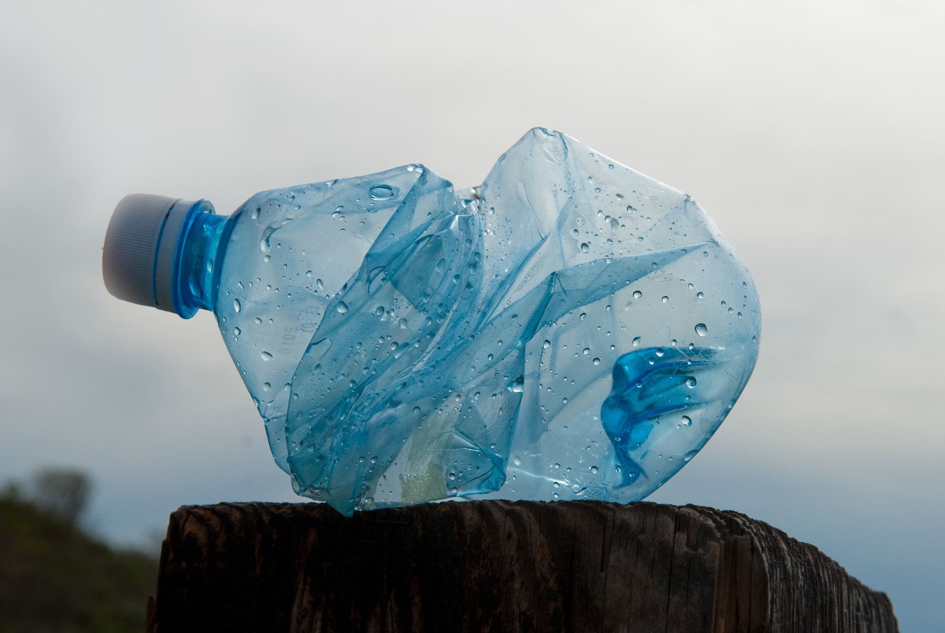 A crushed water bottle lying on its side.