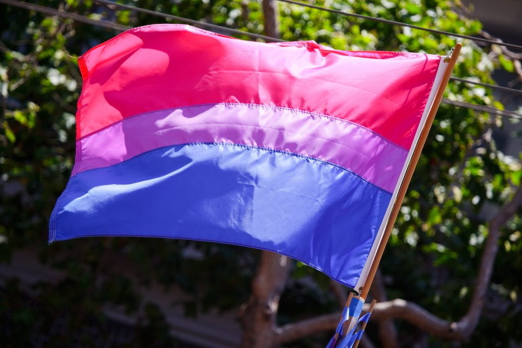 A pink, purple, and blue flag flies to represent bi pride. 