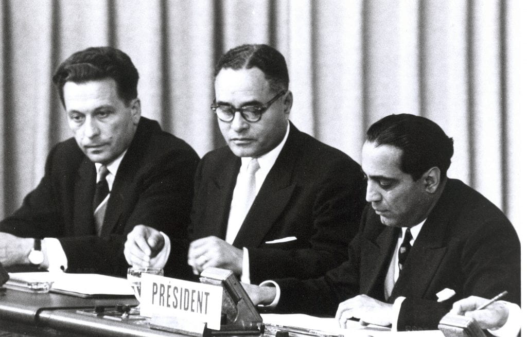 a picture of Ralph Bunche during conference on peace in Geneva, Switzerland