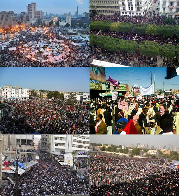 Images of Protests in Cairo, Egypt; Tunis, Tunisia; El Beïda, Libye; Sana'a, Yémen; Damas, Syrie; and Karrana, Bahreïn
