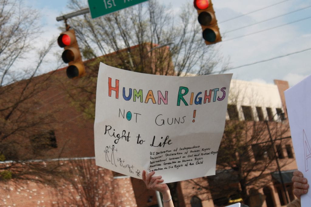 a picture of a sign that reads "Human rights not guns: Right to Life"