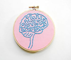 An image of a brain embroidered on a piece of fabric in an embroidery hoop.