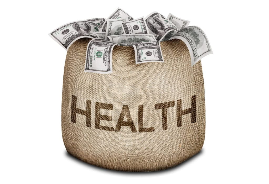 A bag with the word "health" on it overflowing of money
