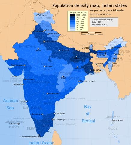An image of Indian Census data from 2011. The country is seen with an immense population density per square kilometer. Uttar Pradesh and the city of Kolkata are most dense.