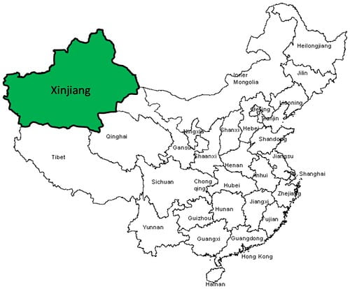 An image of China divided into province. The Xinjiang province is highlighted with the highest concentration of Muslims