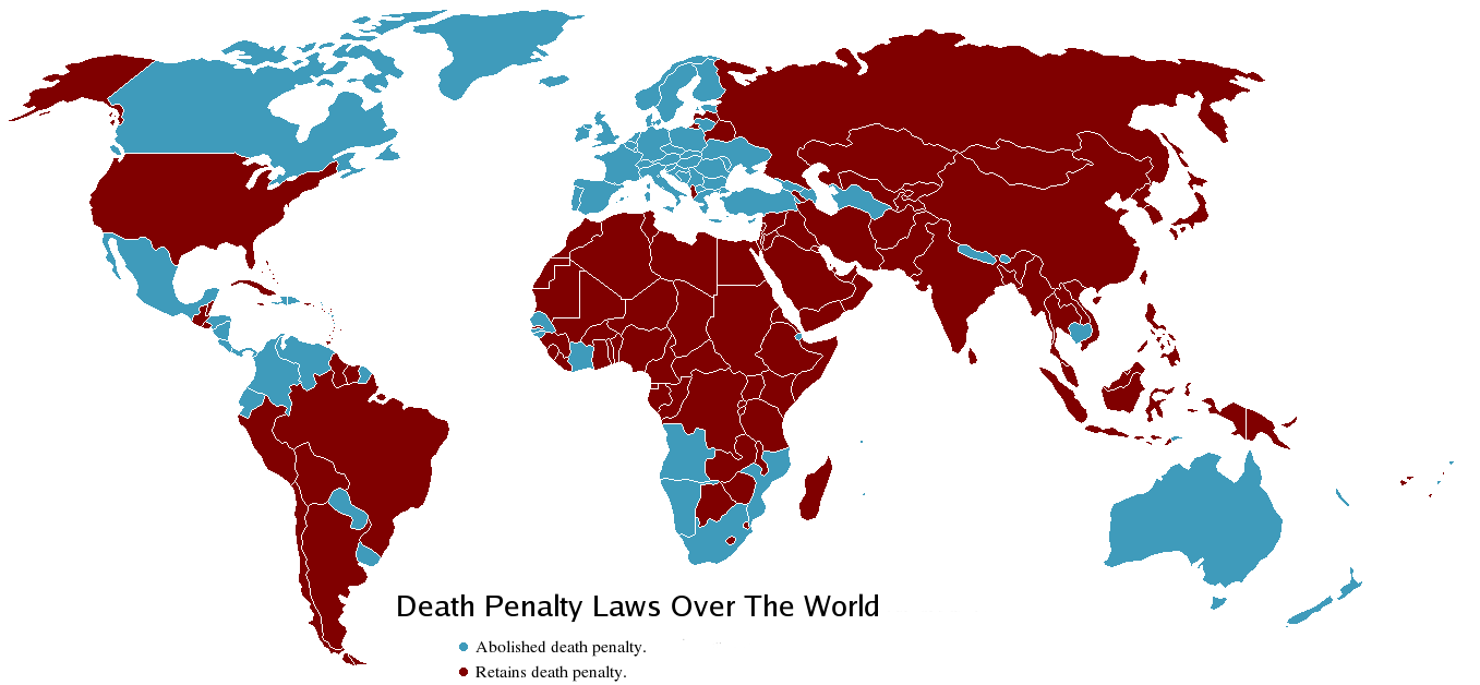An image of the world map highlighting countries that have abolished and retained the death penalty as of 2006.