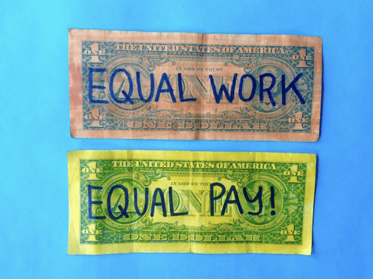 Two dollars bills reading "Equal Work" and "Equal Pay!"
