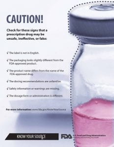 Image of a medicine bottle with a caution label encouraging users to ensure what they are taking is correct