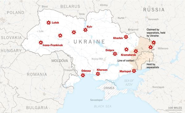 Map of Ukraine with Russian attacks on 2/24/22.