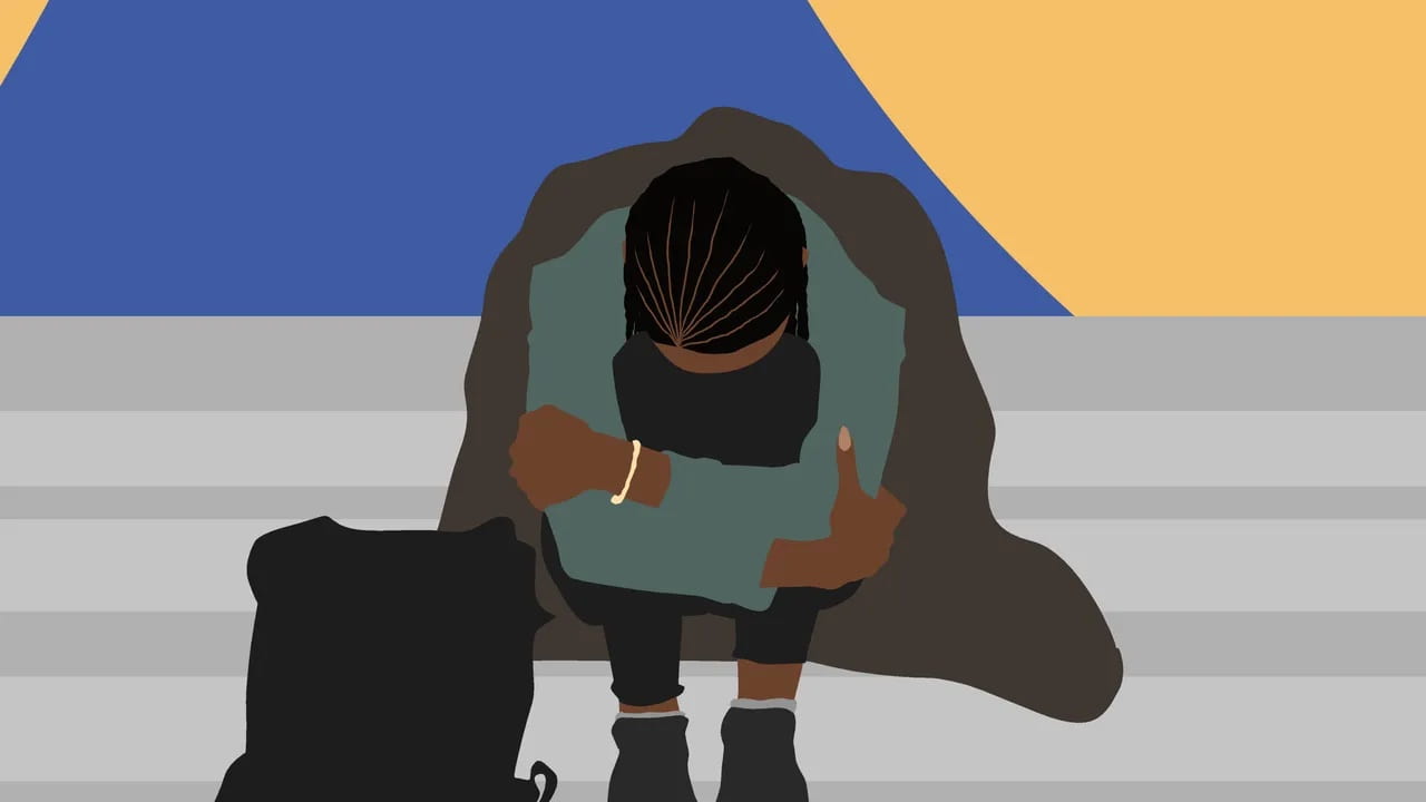Drawing of Black woman sitting on steps with her head in her lap