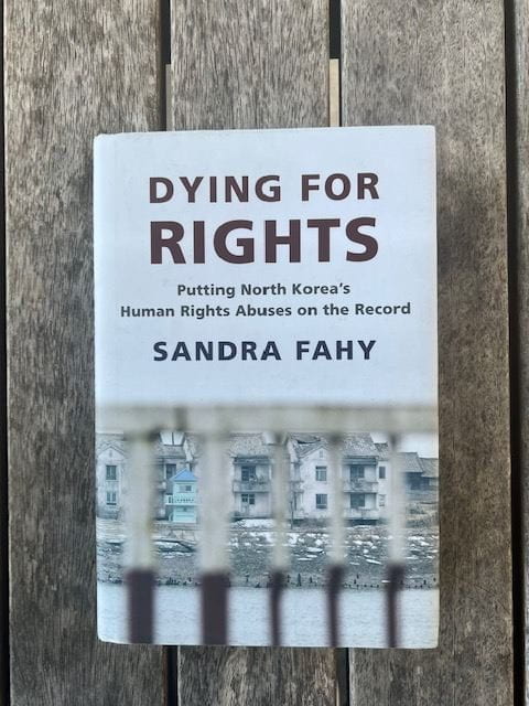 The cover of Sandra Fahy’s book. The picture on the cover is taken through a fence in North Korea. The camera’s focus is on the background, making the fence of the foreground very blurry. The view of the fence consists of a top white metal bar and five vertical bars that are red and white. In the background, which is in focus, we look over a small body of water to see a few densely packed and desolate-looking houses. The grass and trees out front are dead. There is snow on the ground. The sand is rocky and gray. There is one bright blue structure that looks like a child’s playhouse starkly contrasting its desolate surroundings. Above the fence, text reads, “Dying for Rights: Putting North Korea’s Human Rights Abuses on the Record; Sandra Fahy.”