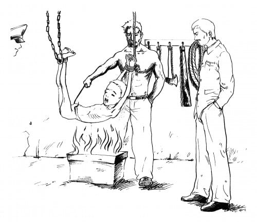Trigger Warning. A black and white line drawing shows a very young Shin Dong-Hyuk being hung from the ceiling by a rope around his hands and a chain around his feet. He is being lowered into the flames of a fire and hit with a stick. There are three guards watching, unphased, and a row of torture equipment hanging on the wall behind them.