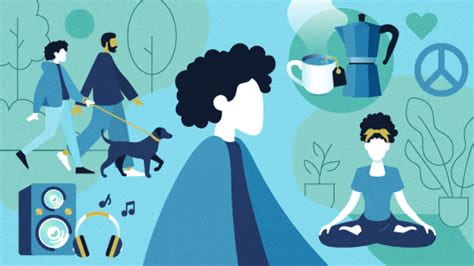 A blue-toned graphic shows a drawing of a person doing multiple acts of self care. These include: making coffee/tea, wrapping themselves in a blanket, doing yoga, listening to music, walking their dog with a loved one, and being in nature.