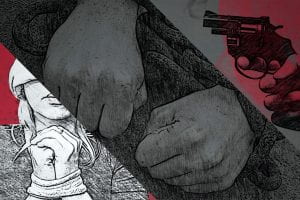 A drawn image of a person with bound wrists, a gun, and wrists in chains. 