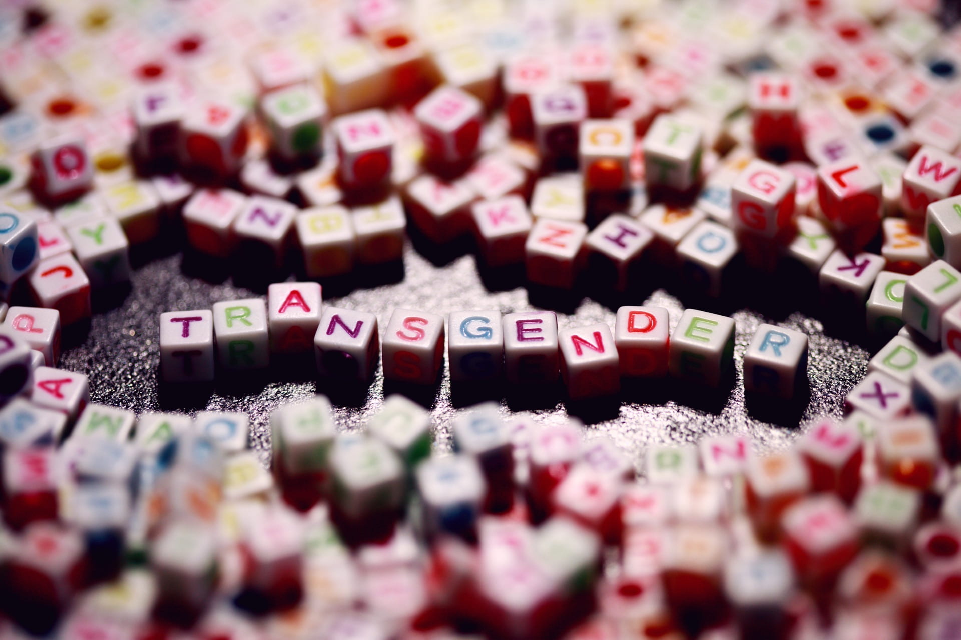 Colorful blocks of letters that spell out transgender