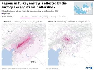 Map showing the border regions in Turkey and Syria, locating the areas most affected by the 7.8 magnitude earthquake and its aftershock on February 6 - AFP / AFP