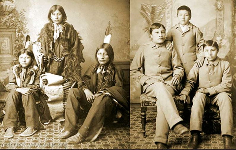 An image with two side-by-side photos of the same three indigenous children before and after being forced into boarding school to be assimilated. 