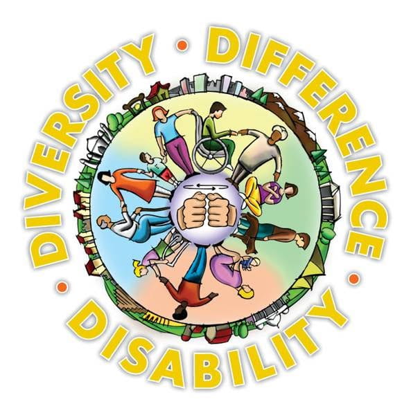 An image with characters with various disabilities holding hands forming a circle around the words, "Diversity, Difference, Disability". 
