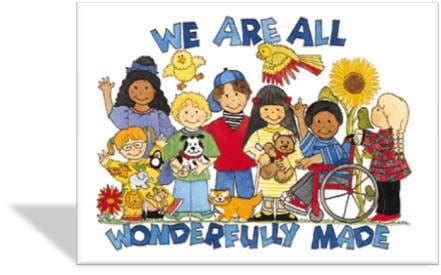 A cartoon image depicting students of various backgrounds and disabilities grouped together around the phrase, "We are all wonderfully made"