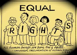 A cartoon image of people standing together calling for equal rights with the words, "all human beings are born free and equal," quoted from the Universal Declaration of Human Rights passed in 1948.