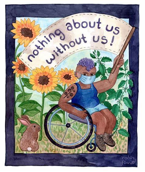 An image of a woman with disability in a sunflower field with a banner that reads, "nothing about us without us!"