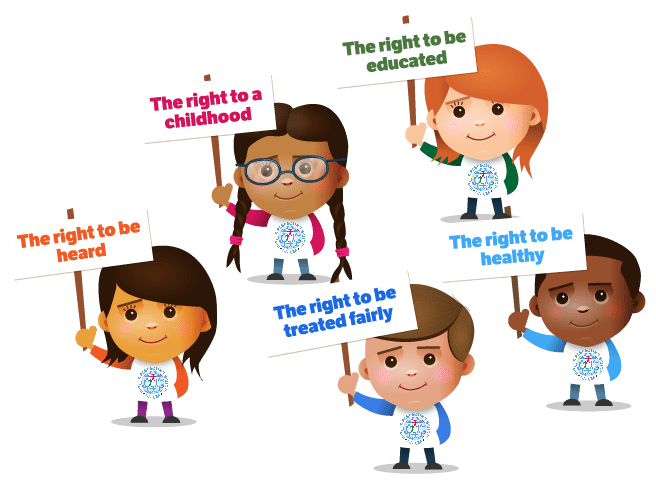An image depicting five children holding signs that read, "the right to be heard", "the right to a childhood," "the right to be educated," "the right to be healthy," and "the right to be treated fairly."