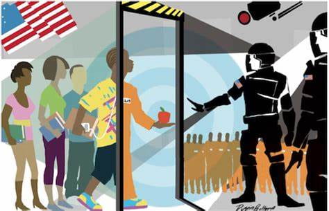 A cartoon image showing the relationship between schools and the legal system, showcasing the school-to-prison pipeline that has become so prominent in the American School System.