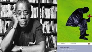 Renowned author James Baldwin in a study. Cover of the novel, Go Tell it on the Mountain. 