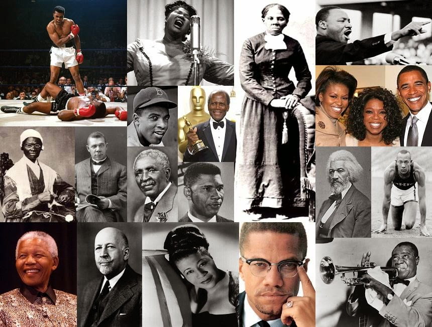 Alt text: A collage of various African American historical figures, from Fredrick Douglass, W.E.B. DuBois, Muhammad Ali and Louis Armstrong, Dr. King, Malcom X, to modern-day influencers such as Sidney Poitier, President Obama, Michelle Obama, and Oprah Winfrey. Juneteenth is a celebration of freedom, culture, heritage, ancestry, and the progress towards peace, equality, and justice. 