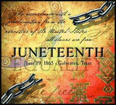 Alt text: An illustration depicting a chain that has been sliced in half, with the words, “JUNETEENTH, June 19, 1865 – Galveston, Texas” written between the two halves of the broken chain, representing freedom for all enslaved people. 