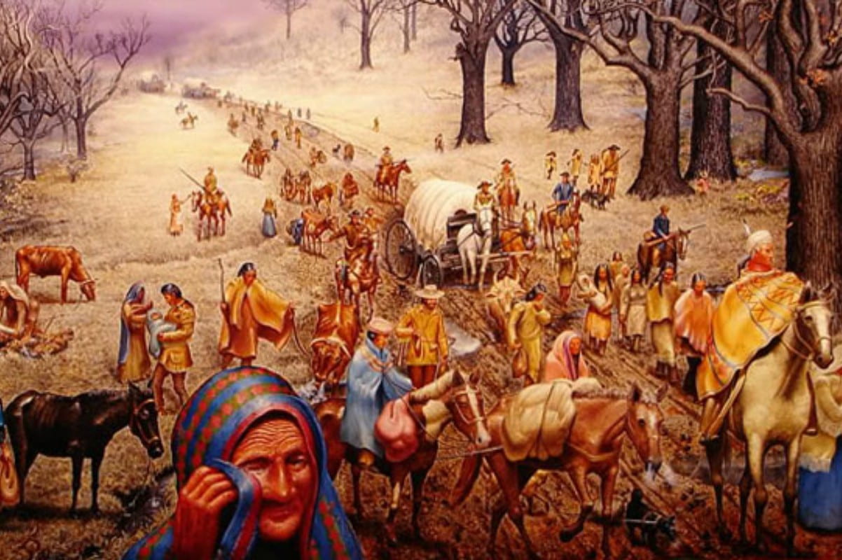 An image depicting the infamous Trail of Tears, where thousands of indigenous people were forcefully driven out of their ancestral homes and marched into Oklahoma. 
