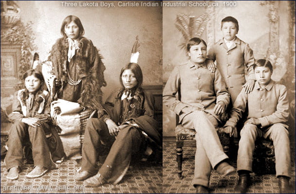 An Image depicting three children before and after the assimilation process at the boarding school. On the left, the three children sit with their cultural garments, proud of their cultural identity. One the right, the same three children have had hair cuts, and been groomed (both physically and psychologically) to appear more Western. 