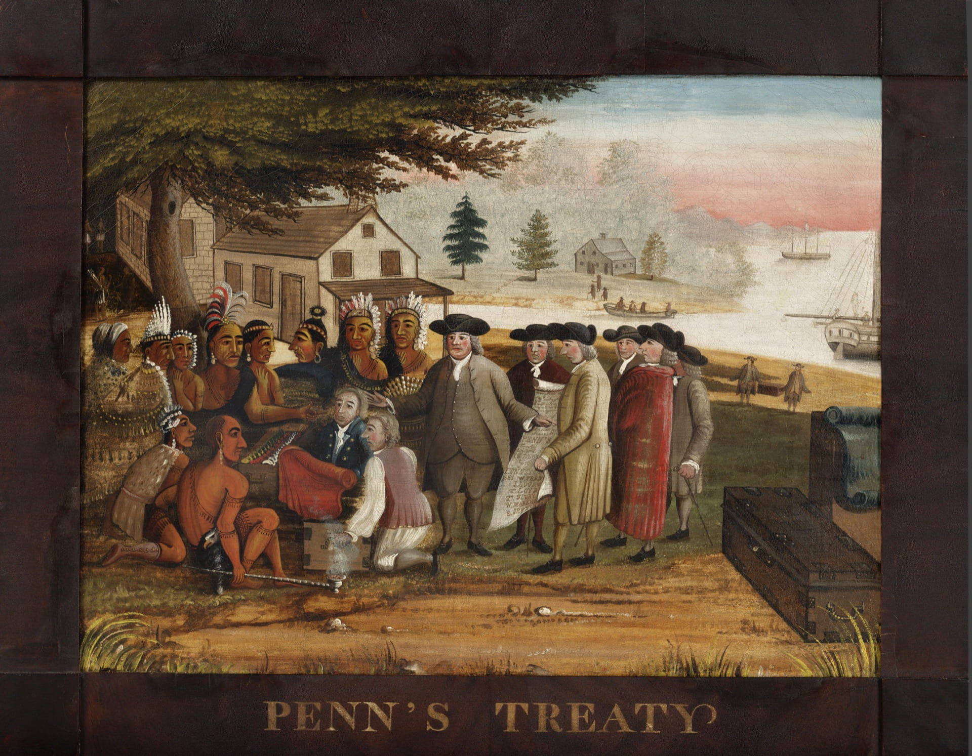An image depicting colonial men engaging in treaty making with a Native American tribe