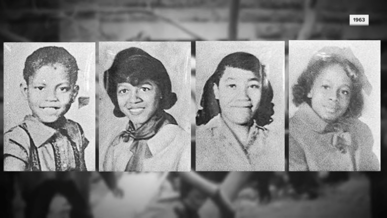 Image shows black and white photographs of Denise McNair, Addie Mae Collins, Carole Robertson, and Cynthia Wesley.