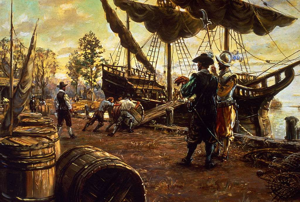 An illustration of what colonialism in the New World may have looked like. Depicts a docked ship on land with settlers.