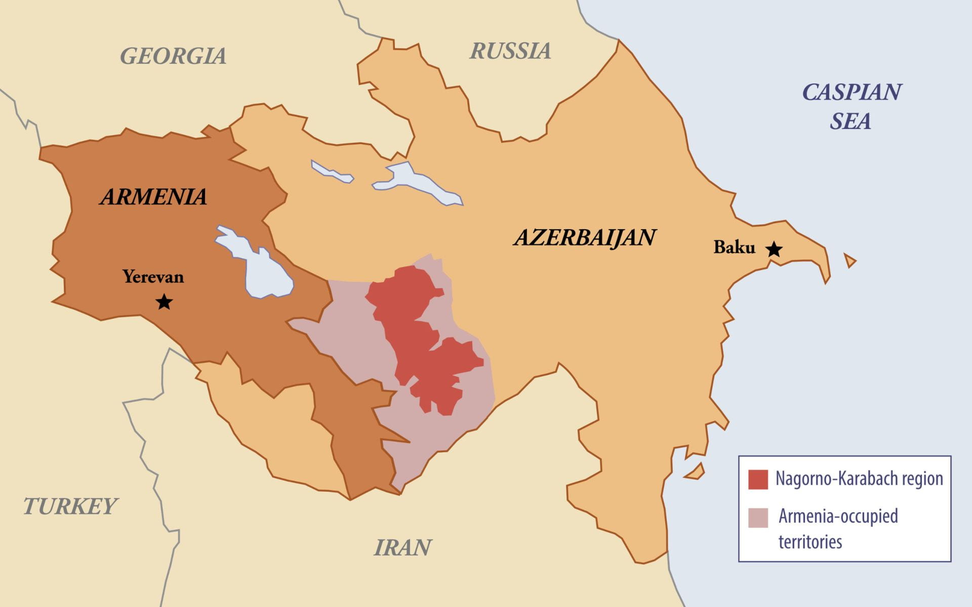 This image depicts a map of the involved countries/regions. Armenia on the left-most side, Azerbaijan on the right-most side, and the Nagorno-Karabakh region in the middle, highlighted in bright red.