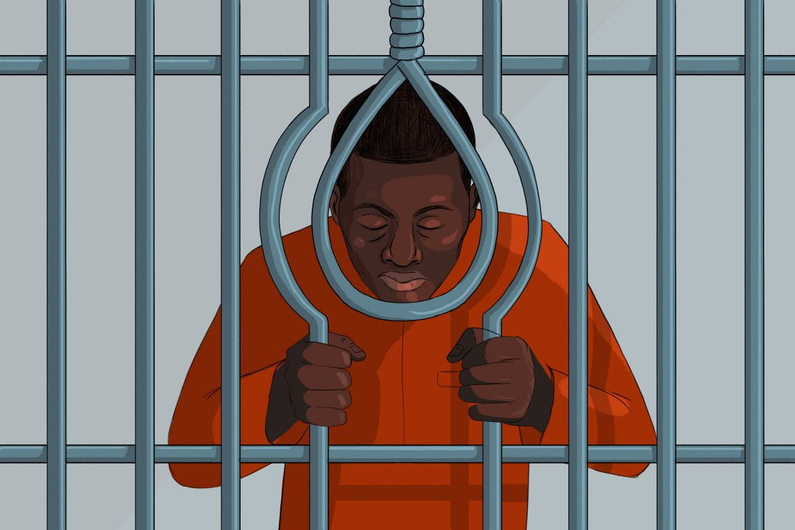 A drawing of a man in an orange jumpsuit with his head down standing behind metal bars. One of the bars makes the shape of a noose around his head. 