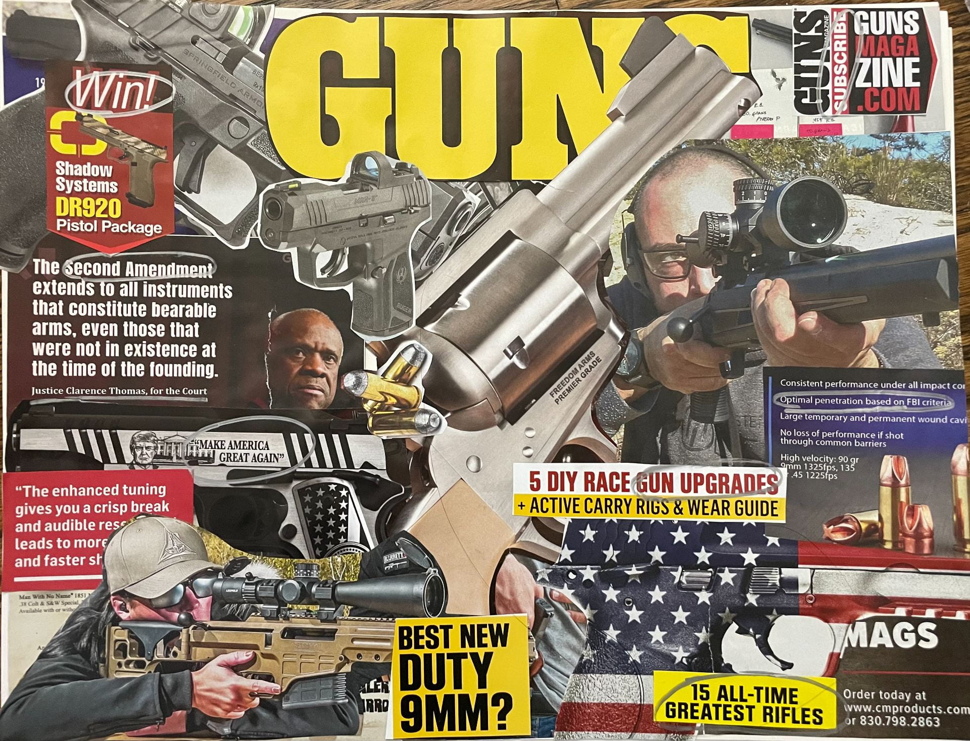 This image depicts a photo collage made from magazine clippings. "GUNS" in big, yellow letters appear along with numerous photos of firearms.